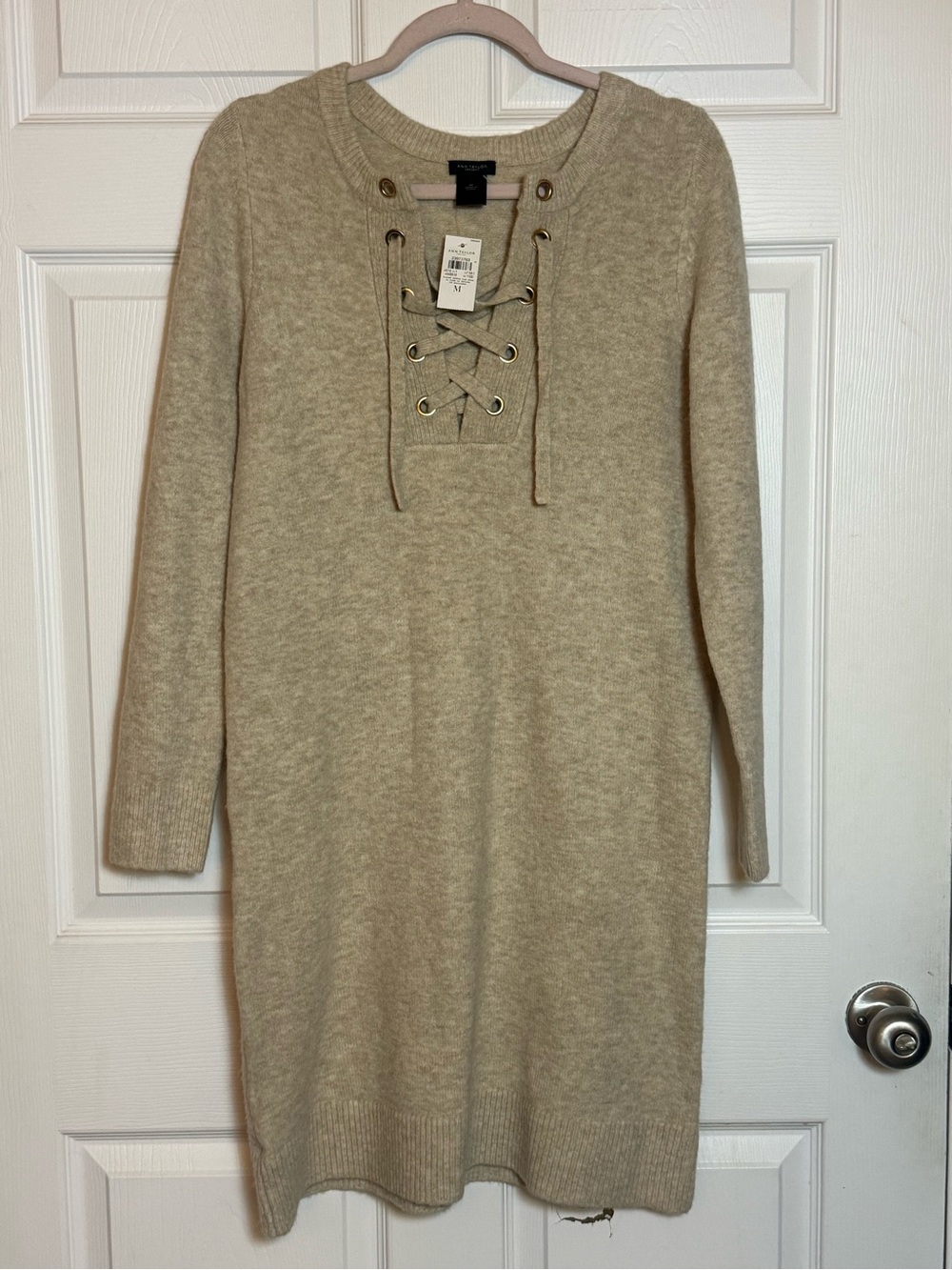 Ann Taylor sz Medium Cable Lace-Up Sweater Dress - Beige